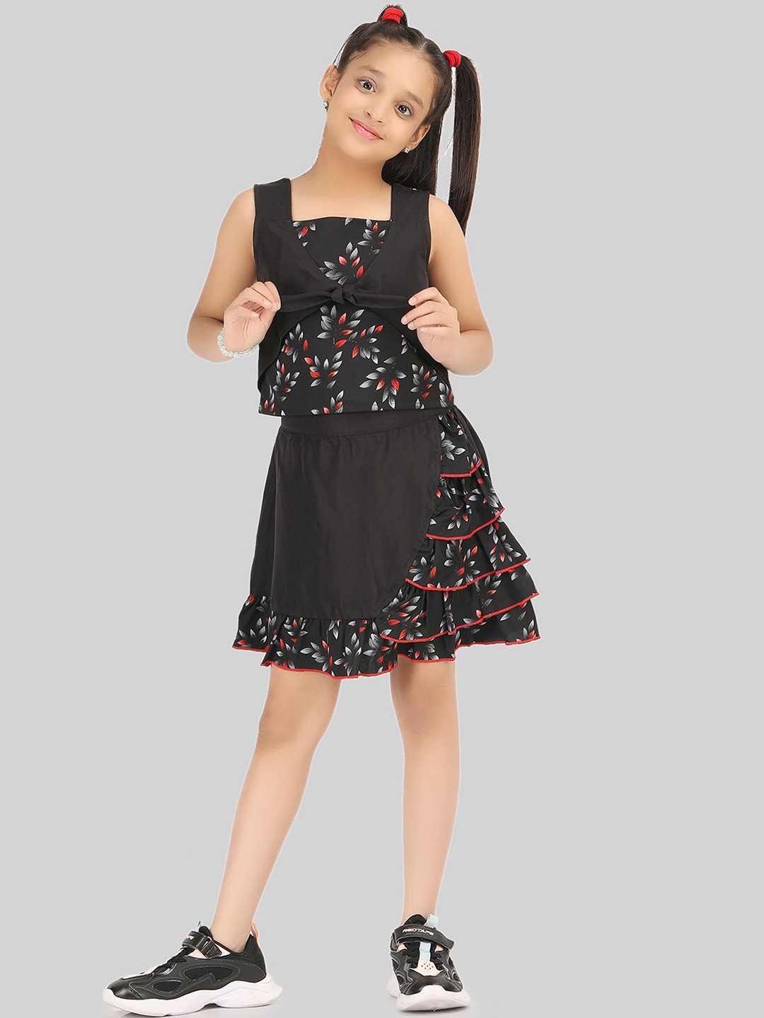 

BEING NAUGHTY Girls Printed Square Neck Top With Skirt, Black