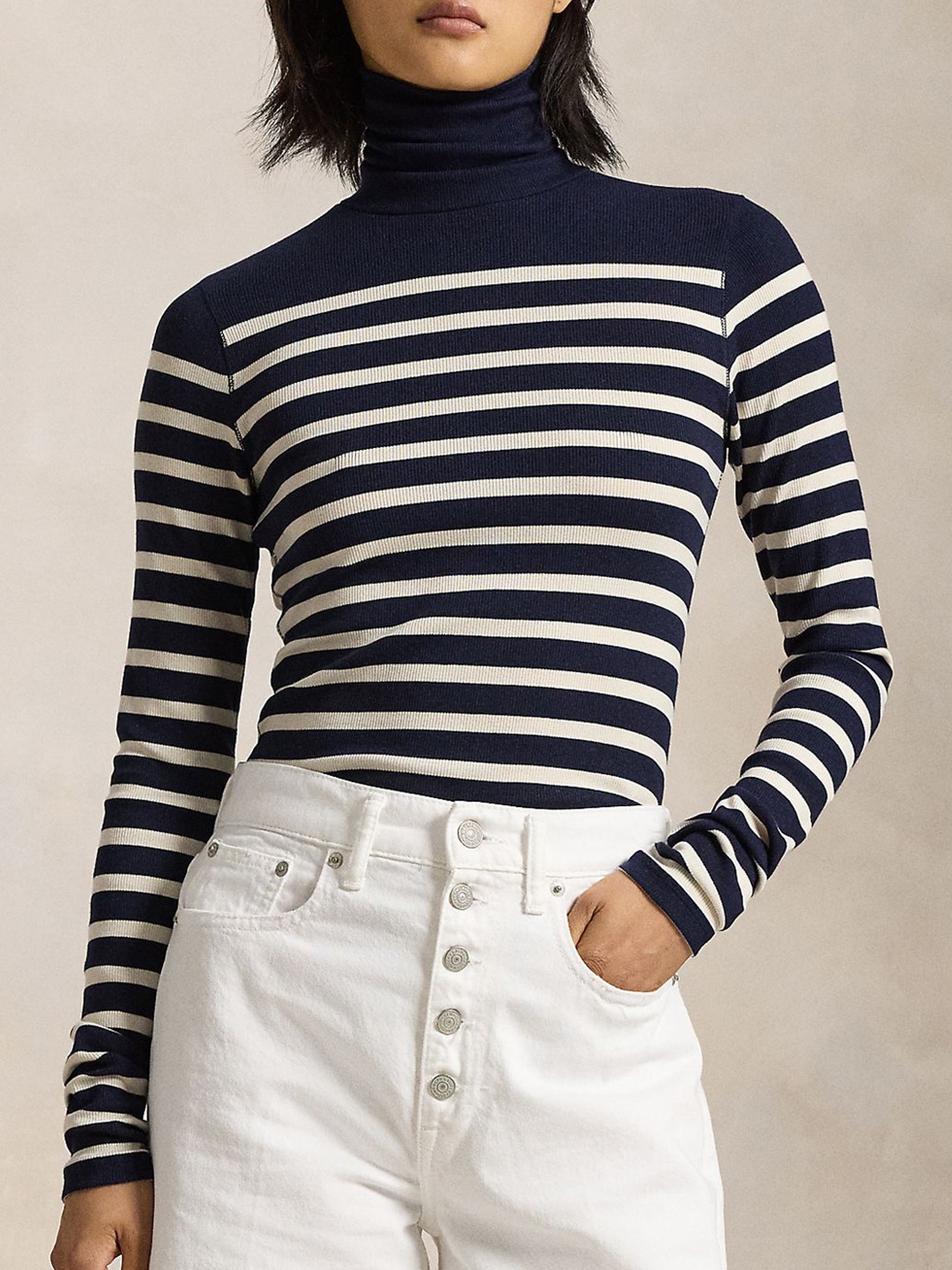 

Polo Ralph Lauren Striped Turtleneck Slim-Fit Ribbed Sweater, Navy blue