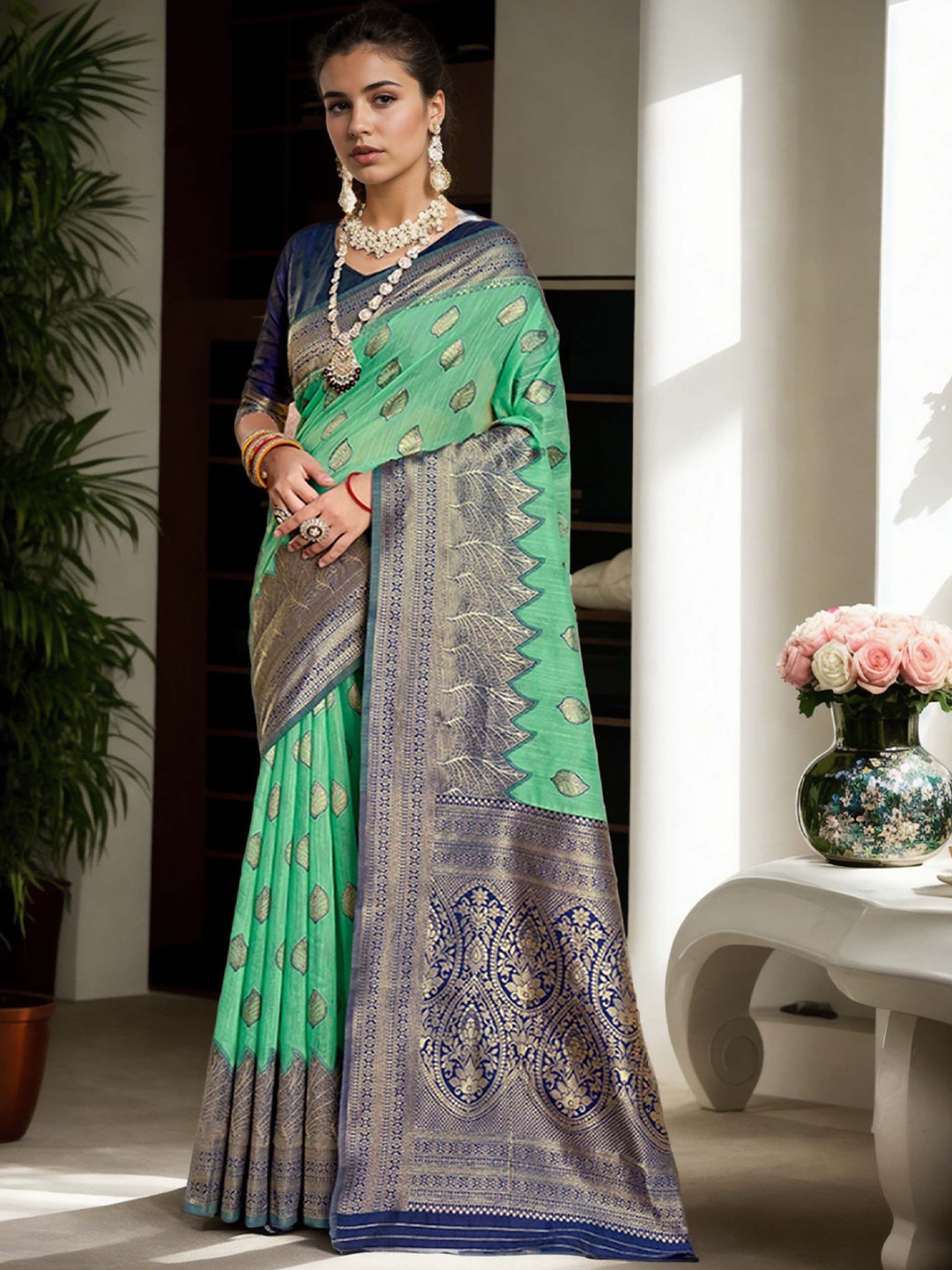 

Anouk Woven Design Zari Chanderi Saree, Green