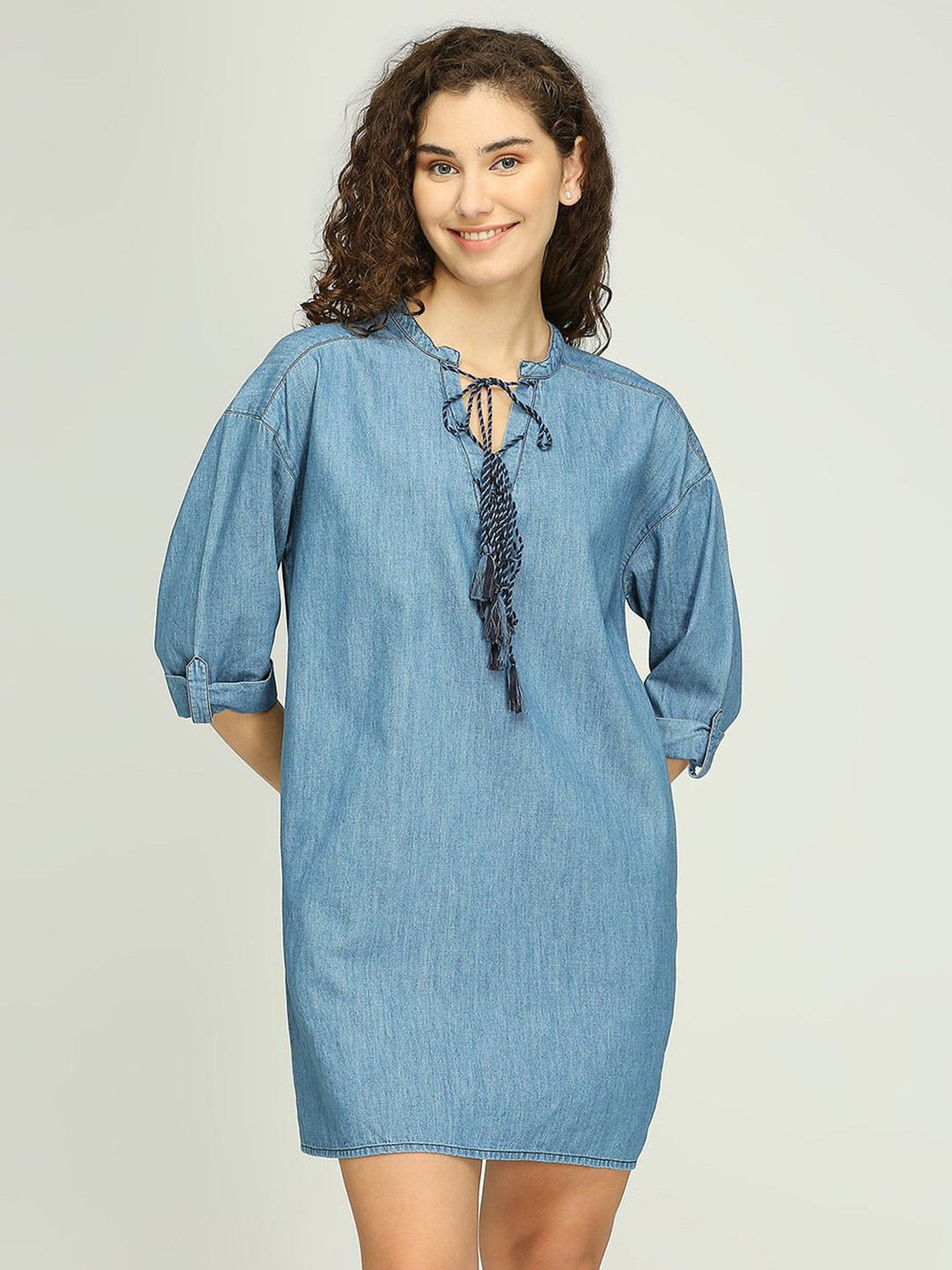 

IZEL Women Denim Mandarin Collar Roll-Up Sleeves Sheath Dress, Blue