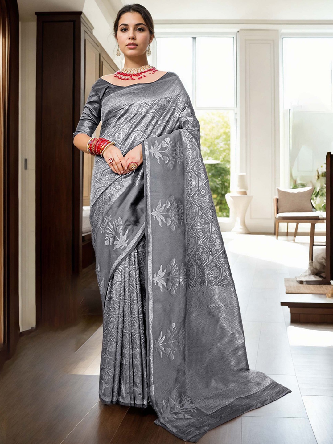 

Anouk Ethnic Motifs Zari Banarasi Saree, Grey