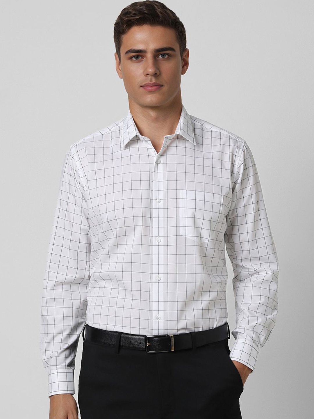 

Van Heusen Men Spread Collar Grid Tattersall Checked Cotton Formal Shirt, White