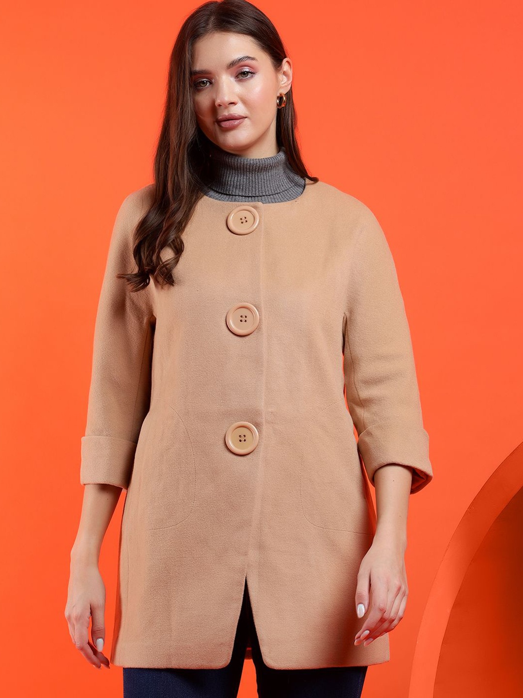 

Stylecast X Kotty Women Solid Single-Breasted Overcoat, Khaki