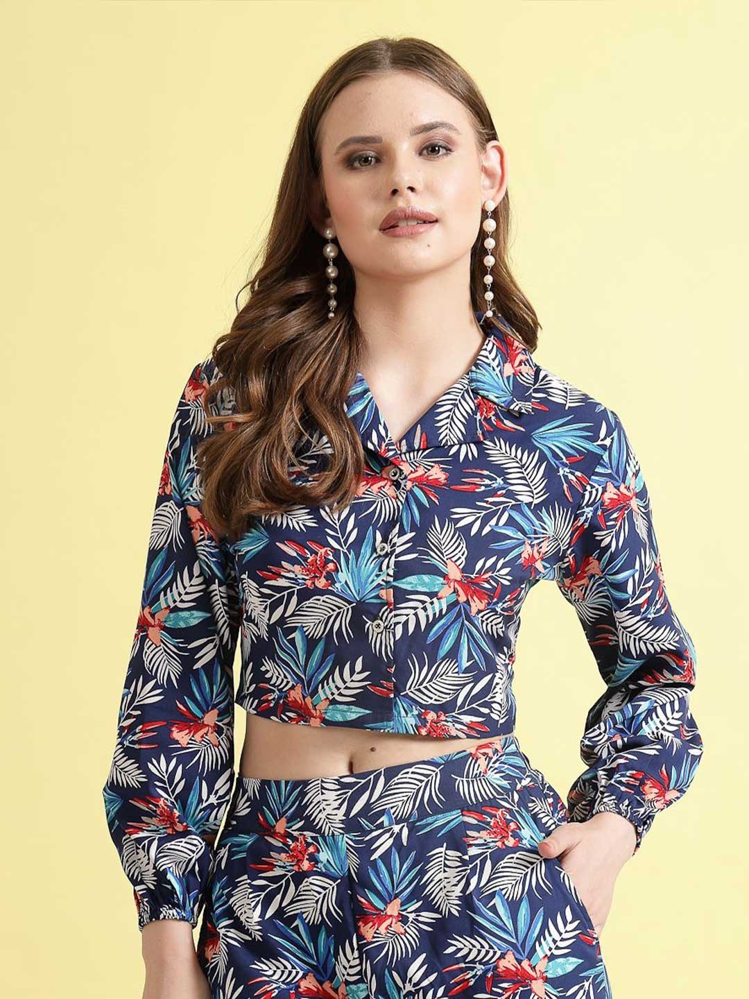 

BEING NAUGHTY Printed Shirt Style Crop Top, Navy blue