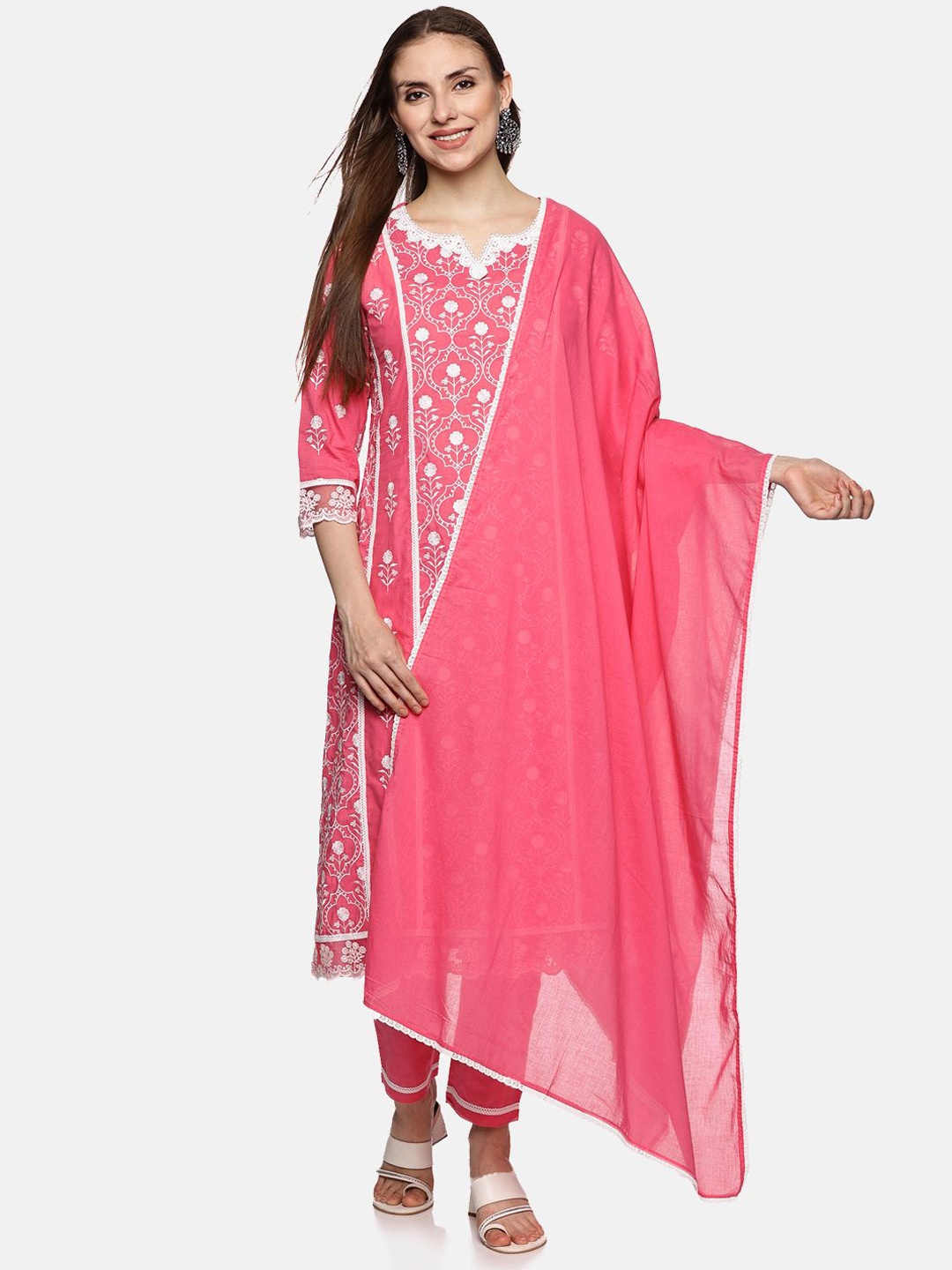 

RAJMANDIRFABRICS Floral Embroidered Mirror Work Pure Cotton Kurta With Trousers & Dupatta, Pink