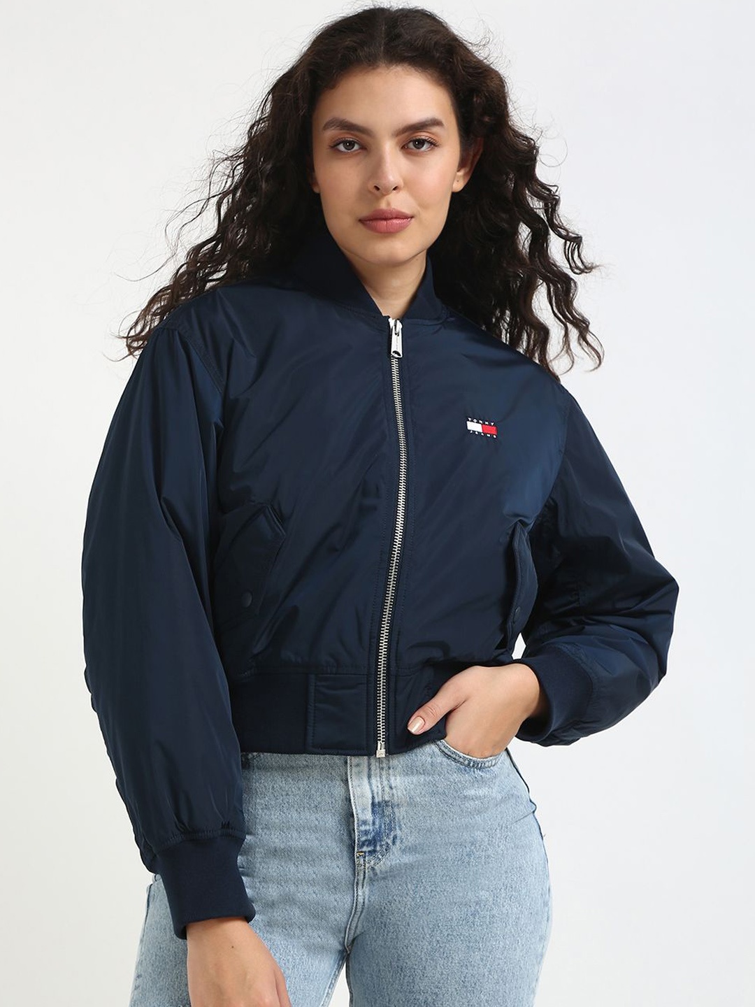 

Tommy Hilfiger Women Stand Collar Solid Casual Bomber Jacket, Navy blue