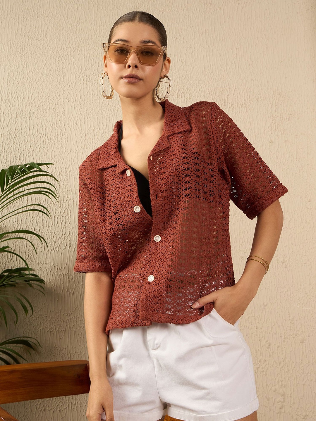 

The Roadster Lifestyle Co. Women Cuban Collar Textured Cotton Boxy Casual Shirt, Rust