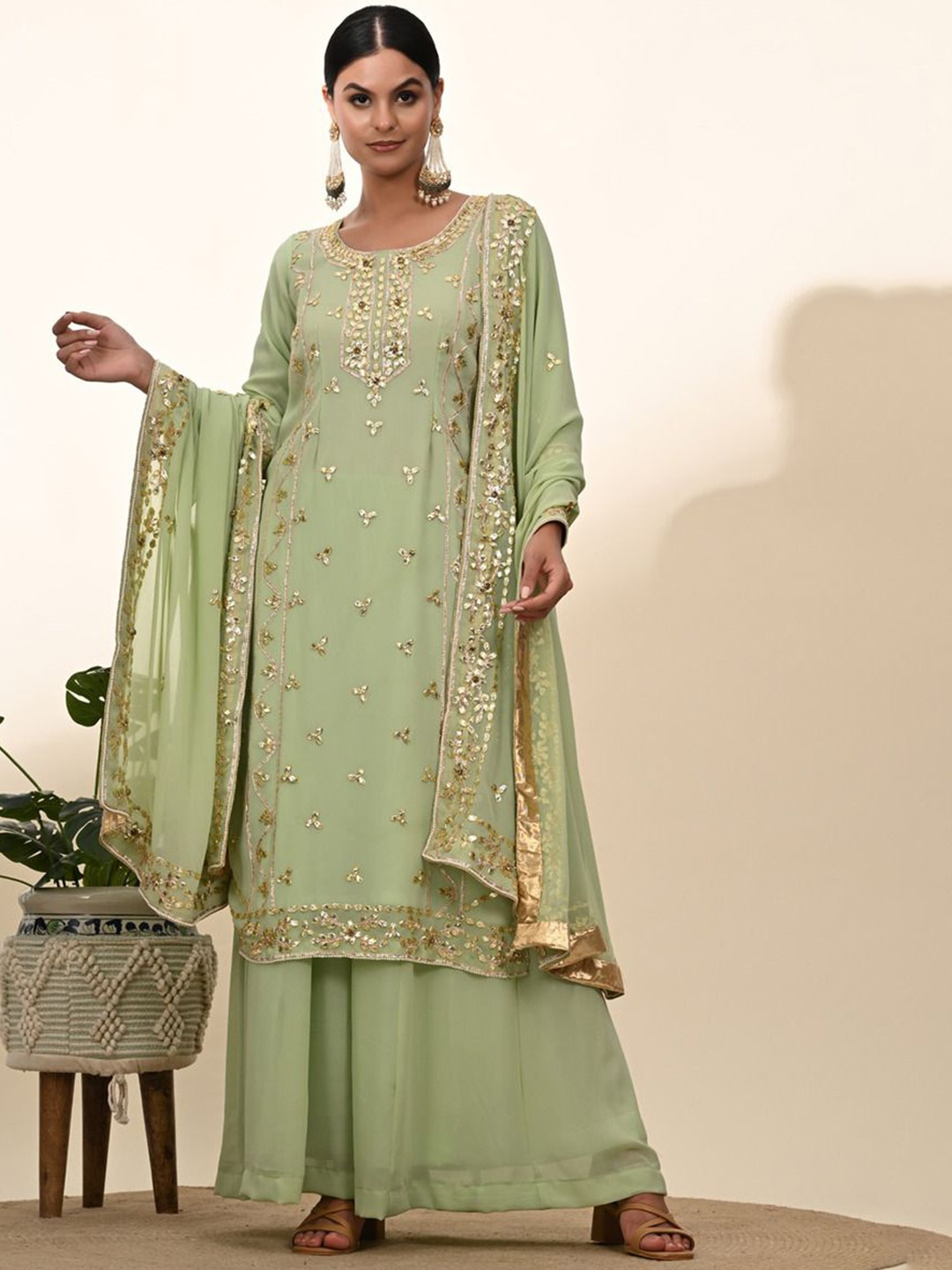 

ZARIKALI Women Ethnic Motifs Embroidered Regular Gotta Patti Silk Georgette Kurta with Sharara & With Dupatta, Green