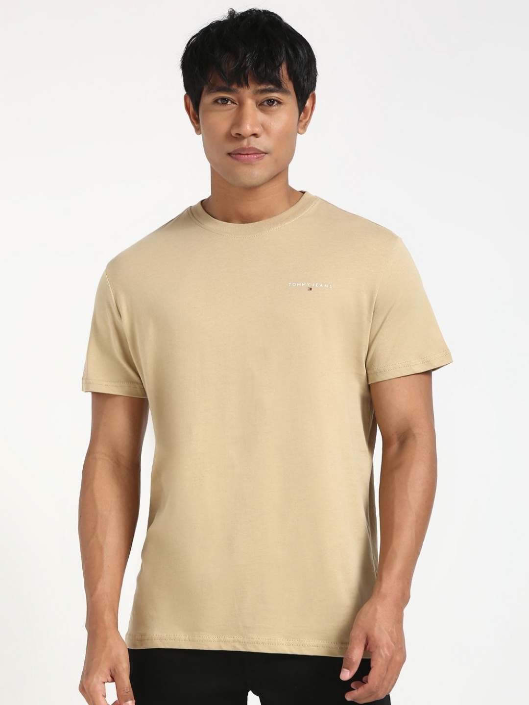 

Tommy Hilfiger Men Solid Round Neck Slim Fit Pure Cotton T-shirt, Beige