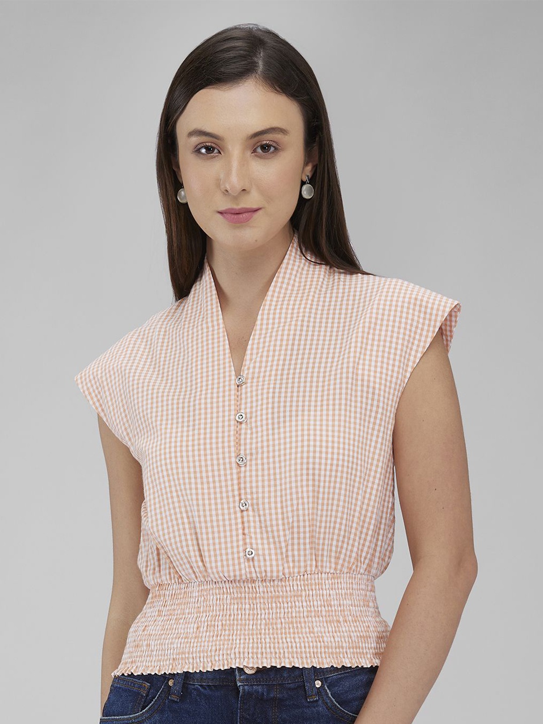 

IZEL Checked Extended Sleeves Cotton Crop Top, Peach