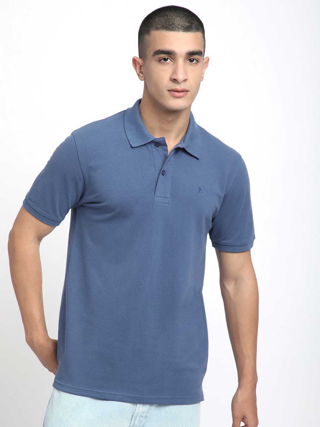 

R&B Men Solid Polo Collar Cotton T-shirt, Blue