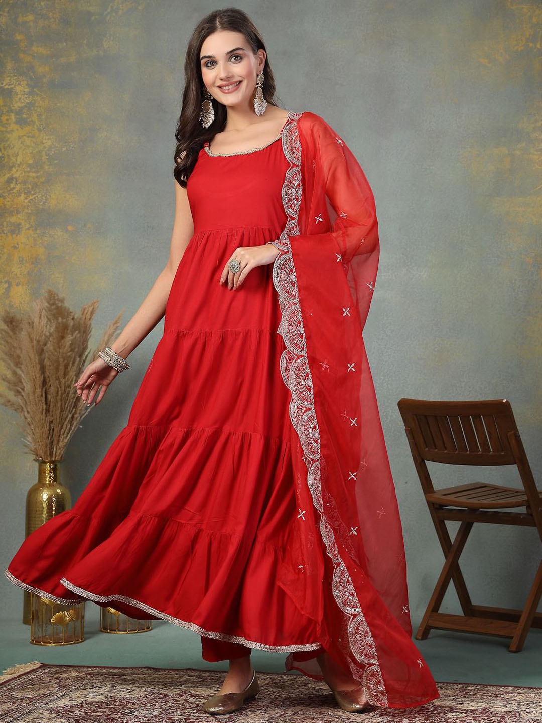 

Stylum Women Tiered Kurta with Trousers & With Dupatta, Red