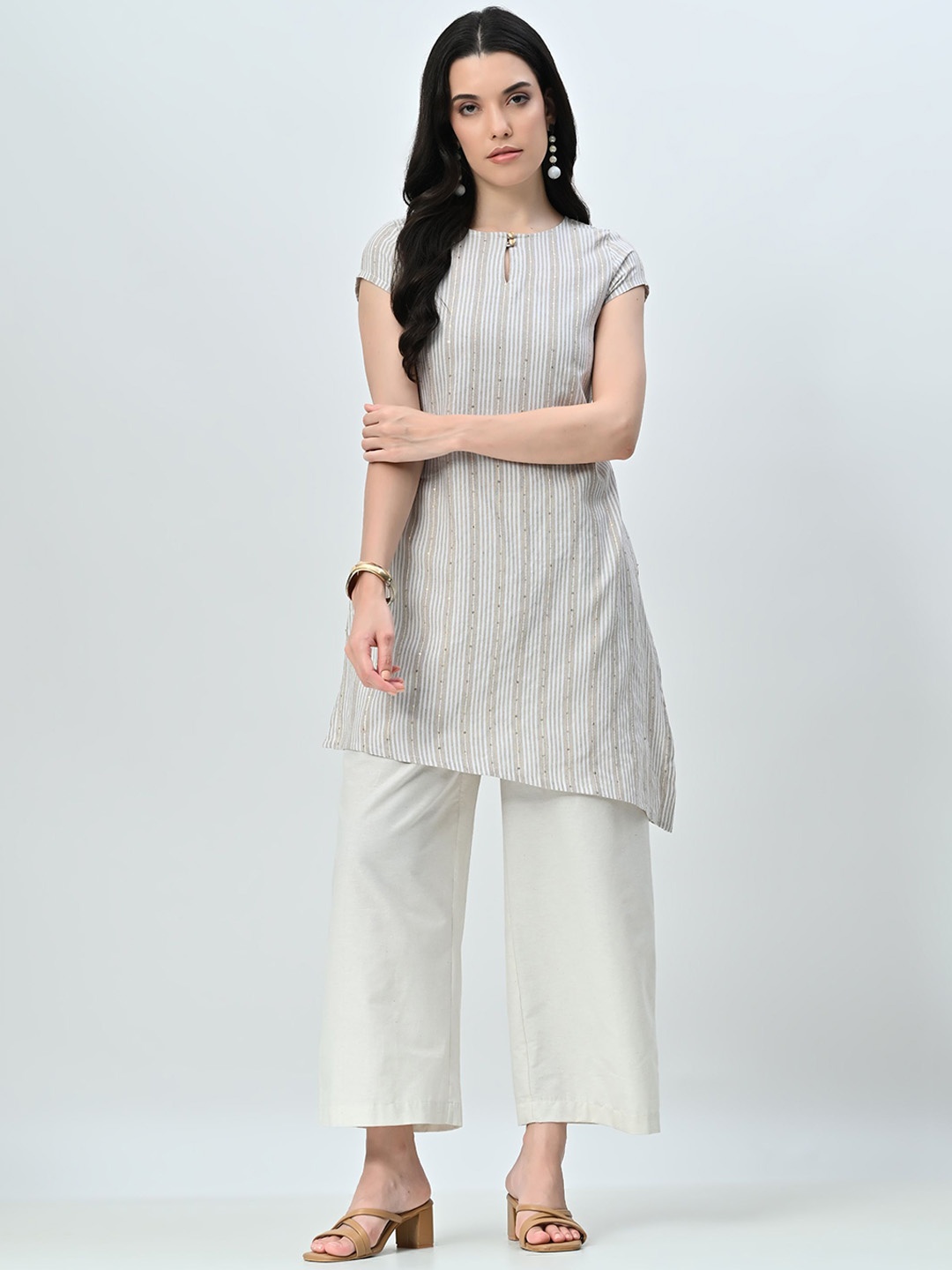 

AMBI Women Striped Regular Sequinned Kurta with Palazzos, Beige
