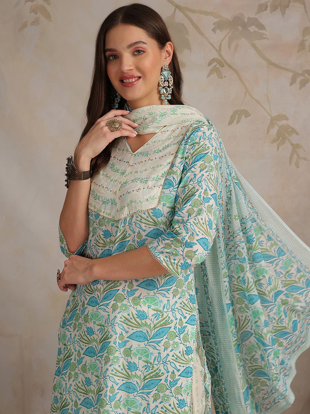 

Anouk Blue Floral Printed Regular Thread Work Pure Cotton Kurta With Trousers & Dupatta