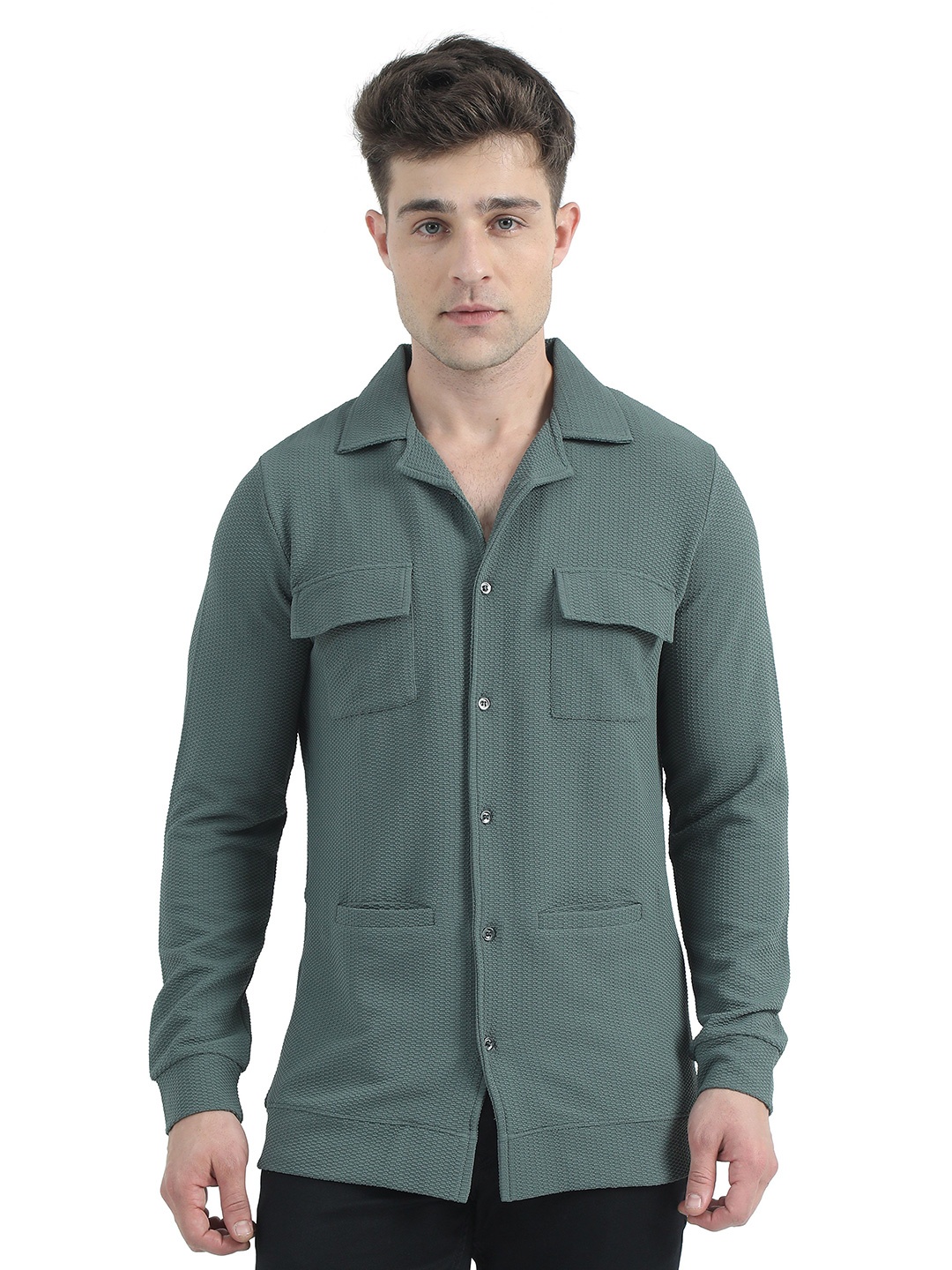 

ECOLINE Clothing Men Classic Cuban Collar Textured Casual Shirt, Green