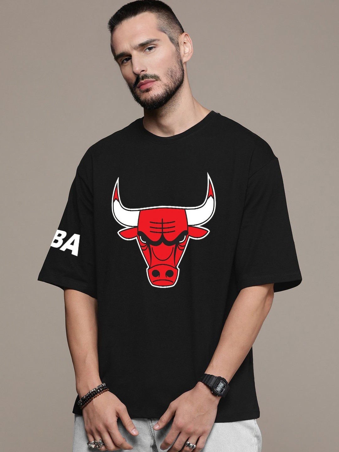 

Manlino Unisex Printed Applique T-shirt, Black