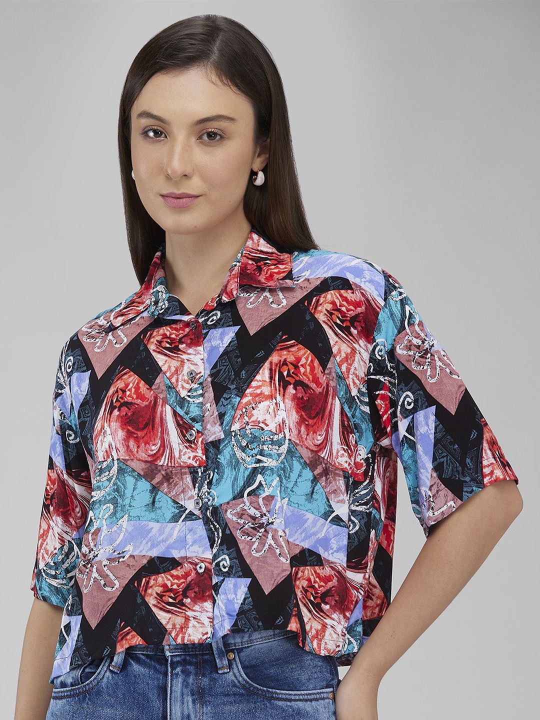

IZEL Floral Print Shirt Style Crop Top, Multi