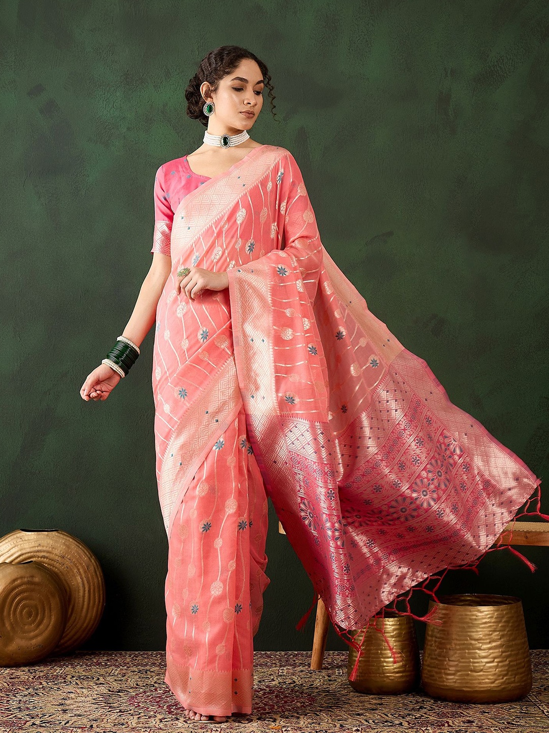 

Kalista Woven Design Zari Saree, Peach