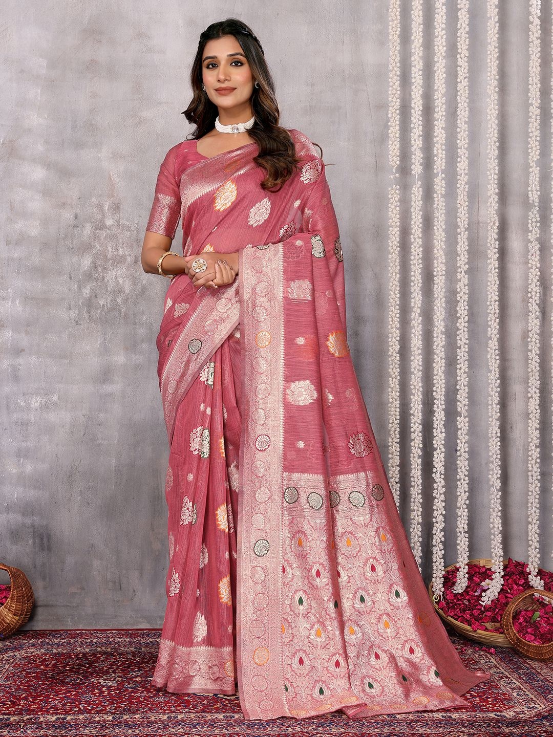 

KALINI Pink Linen Blend Floral Design Saree with Blouse Piece