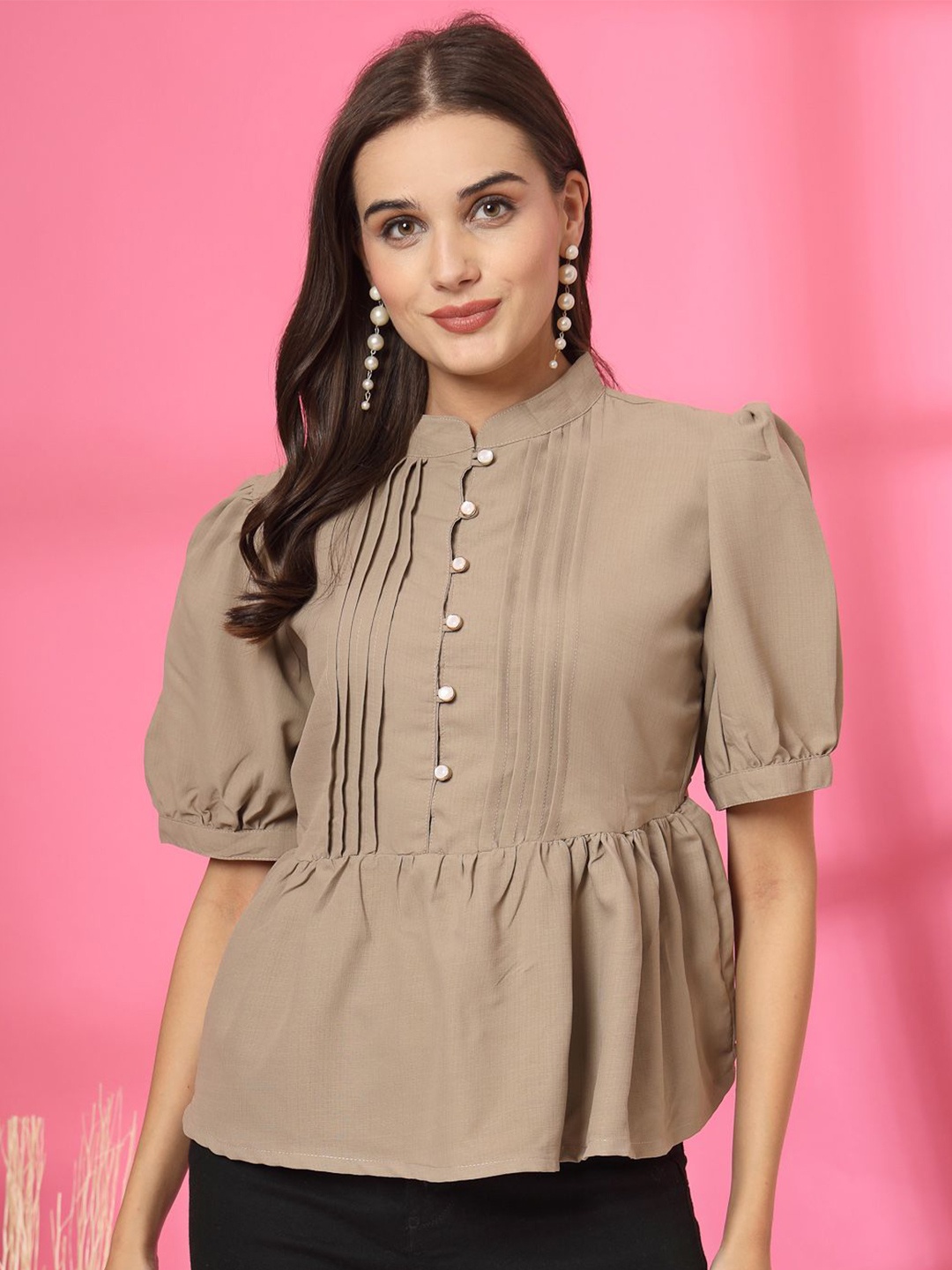 

plusS Mandarin Collar Cotton Top, Beige