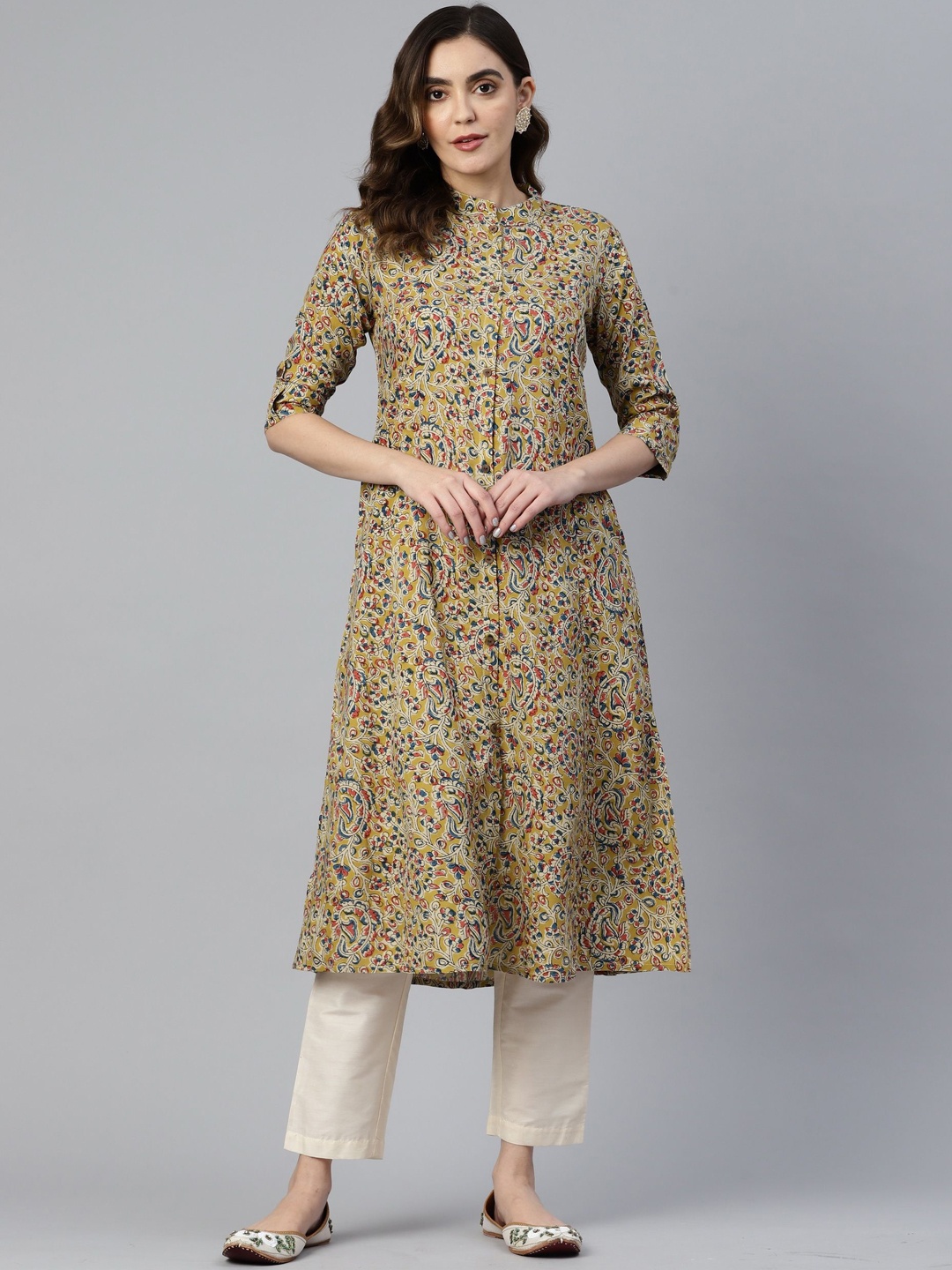 

Vbuyz Floral Printed Three-Quarter Sleeves A-Line Kurta, Yellow