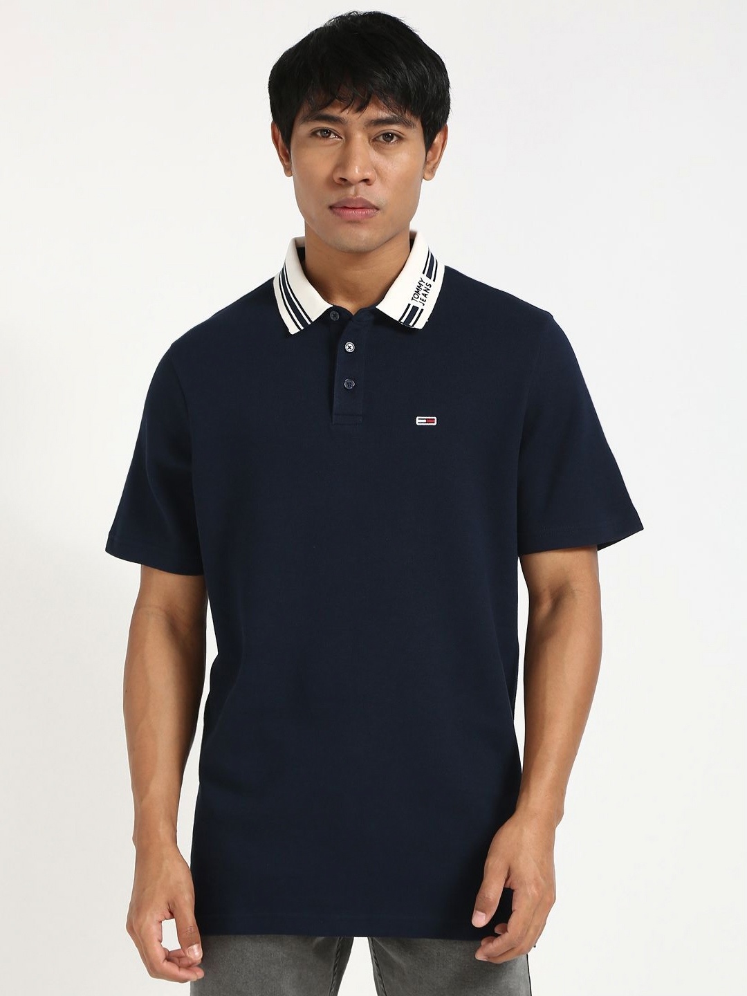 

Tommy Hilfiger Men Solid Polo Collar Cotton T-shirt, Navy blue