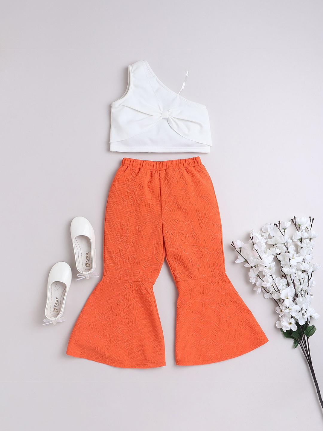 

taffykids Girls One Shoulder Bow Top With Trousers, White