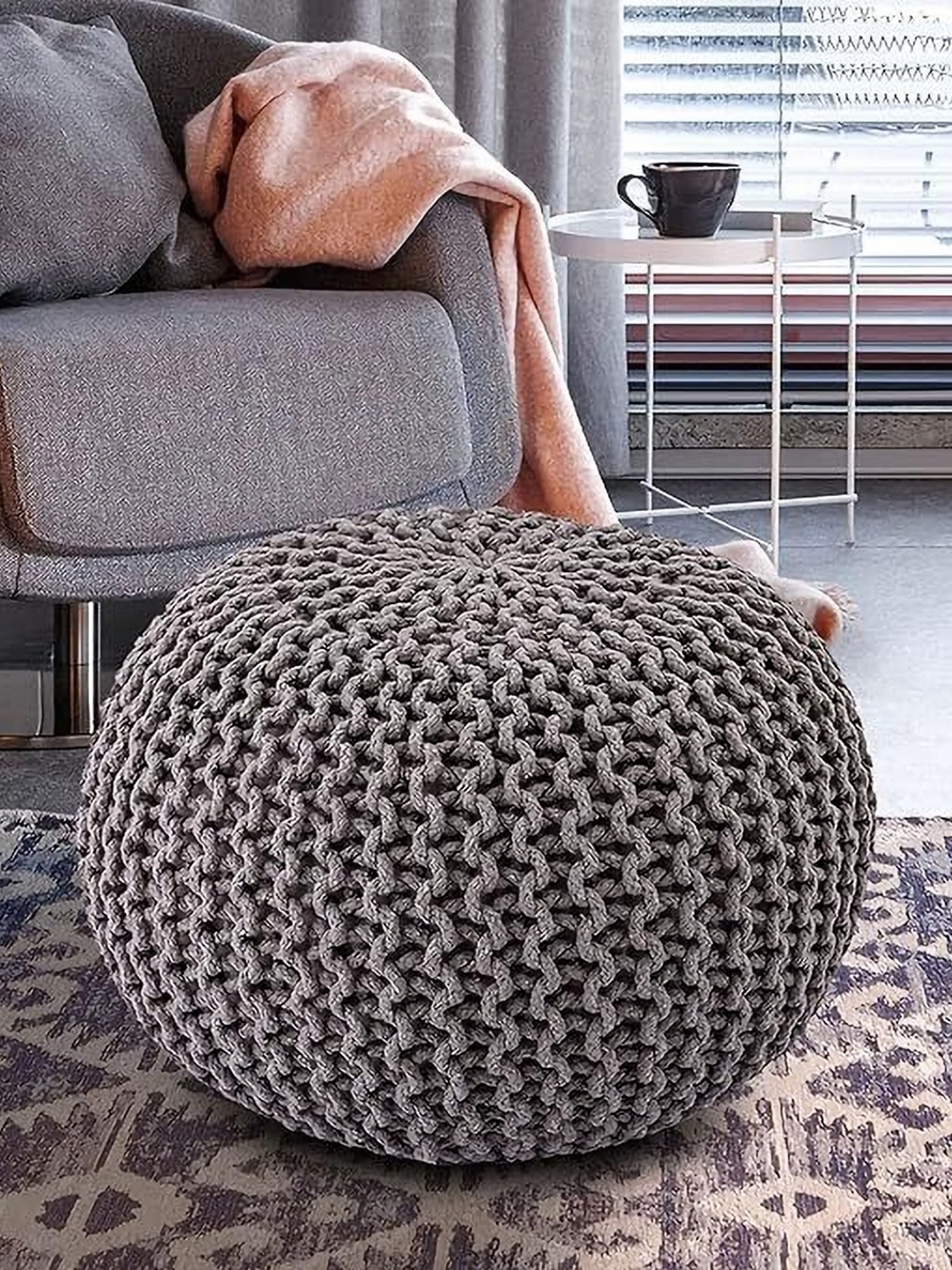 

SANYOG DESIGNS Khaki Knitted Pure Cotton Oval Pouf