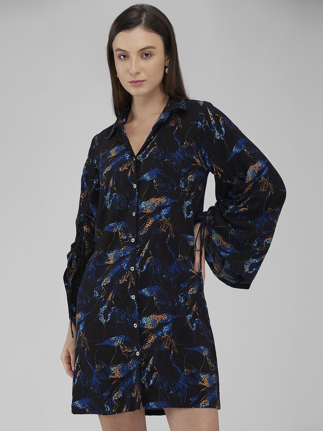 

IZEL Women Abstract Printed Bell Sleeve Shirt Dress, Black