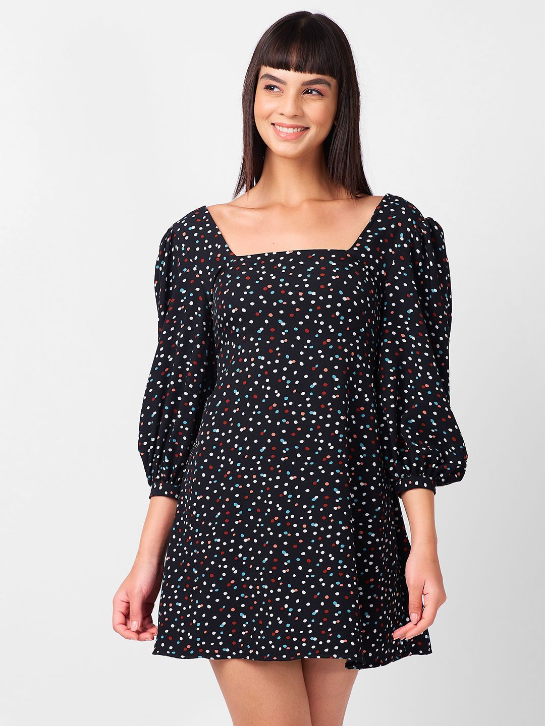 

IZEL Women Polka Dot Printed Puff Sleeve A-Line Dress, Black