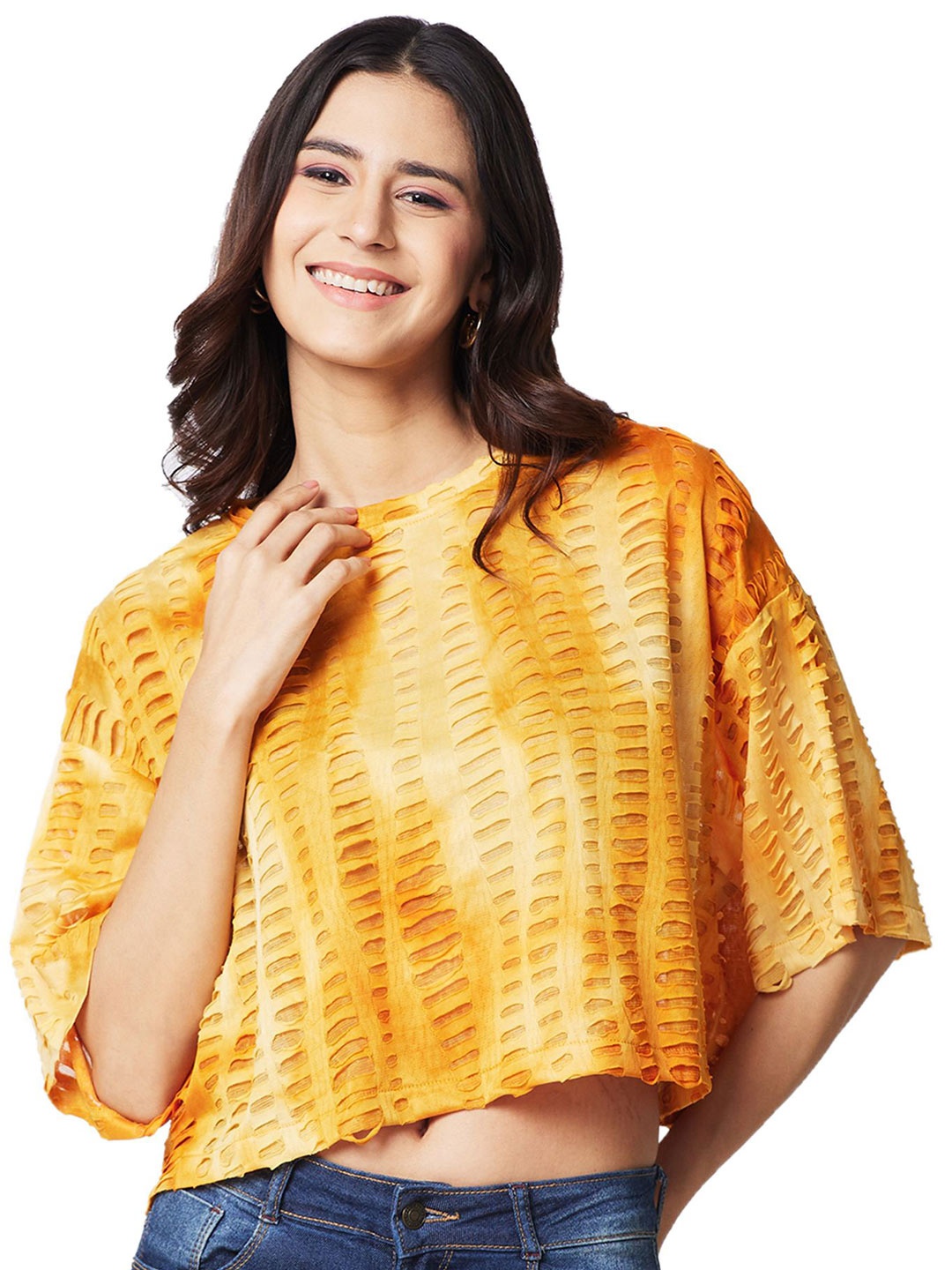 

IZEL Women Self Design Boxy Crop Top, Mustard