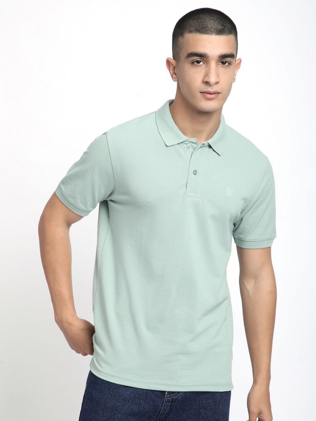 

R&B Men Solid Polo Collar Cotton T-shirt, Sea green