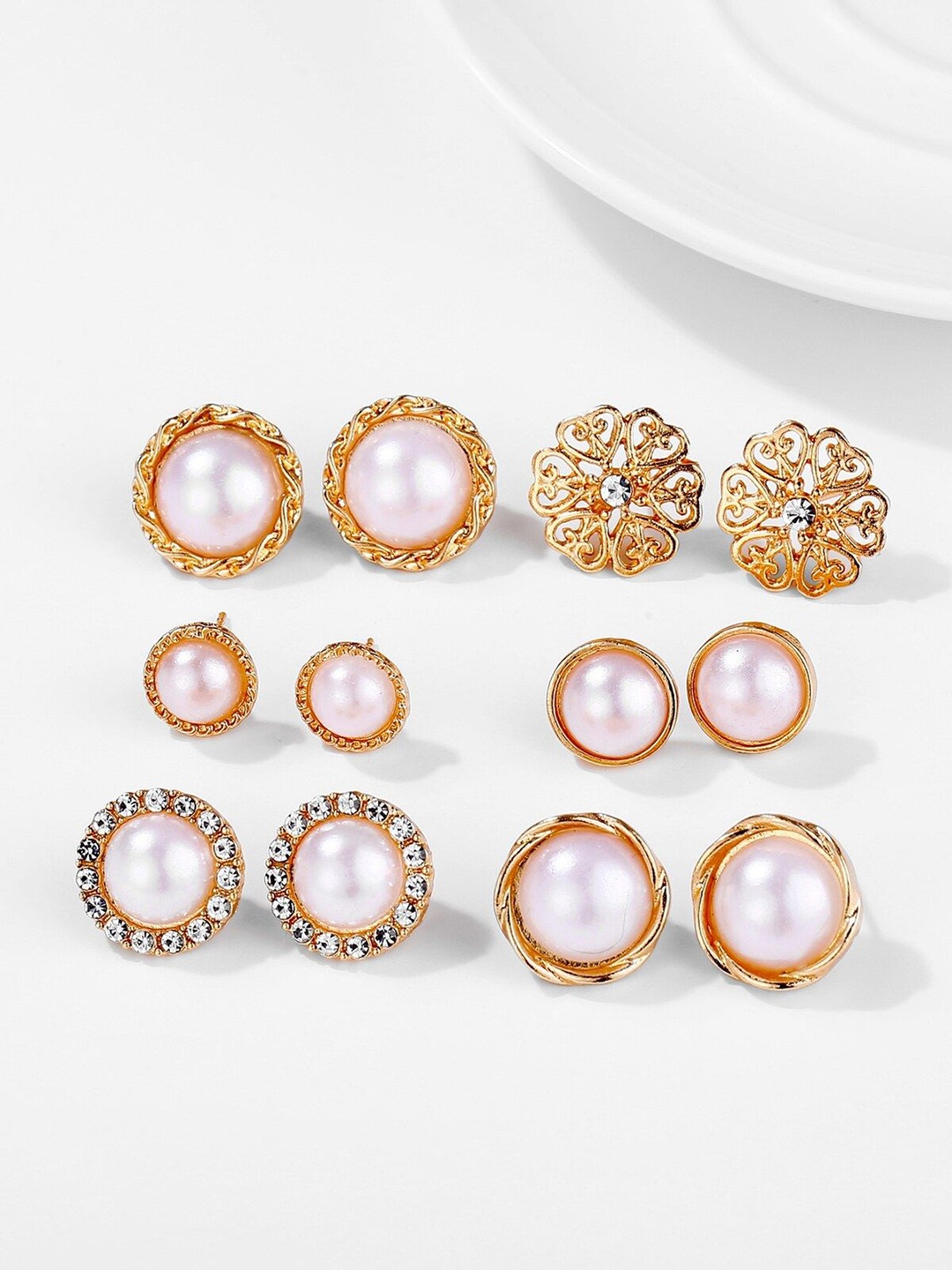 

DressBerry Gold-Toned Set Of 6 Stone Studded & Beaded Contemporary Studs Earrings