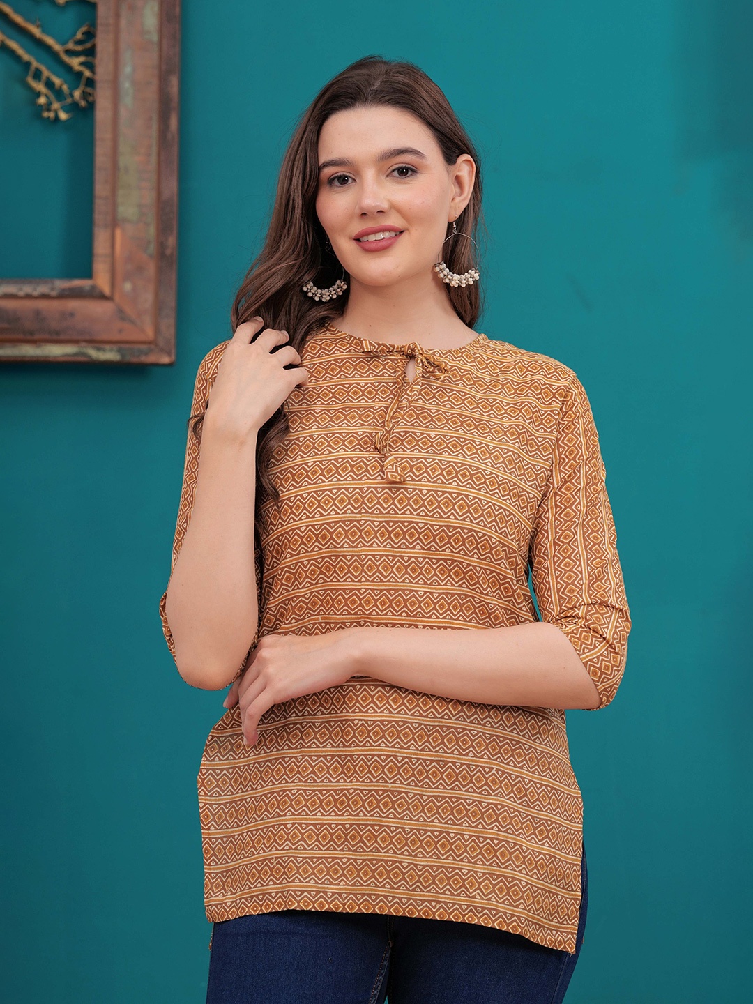 

CHIRAAI Women Geometric Printed Cotton Tie-Up Neck Top, Brown