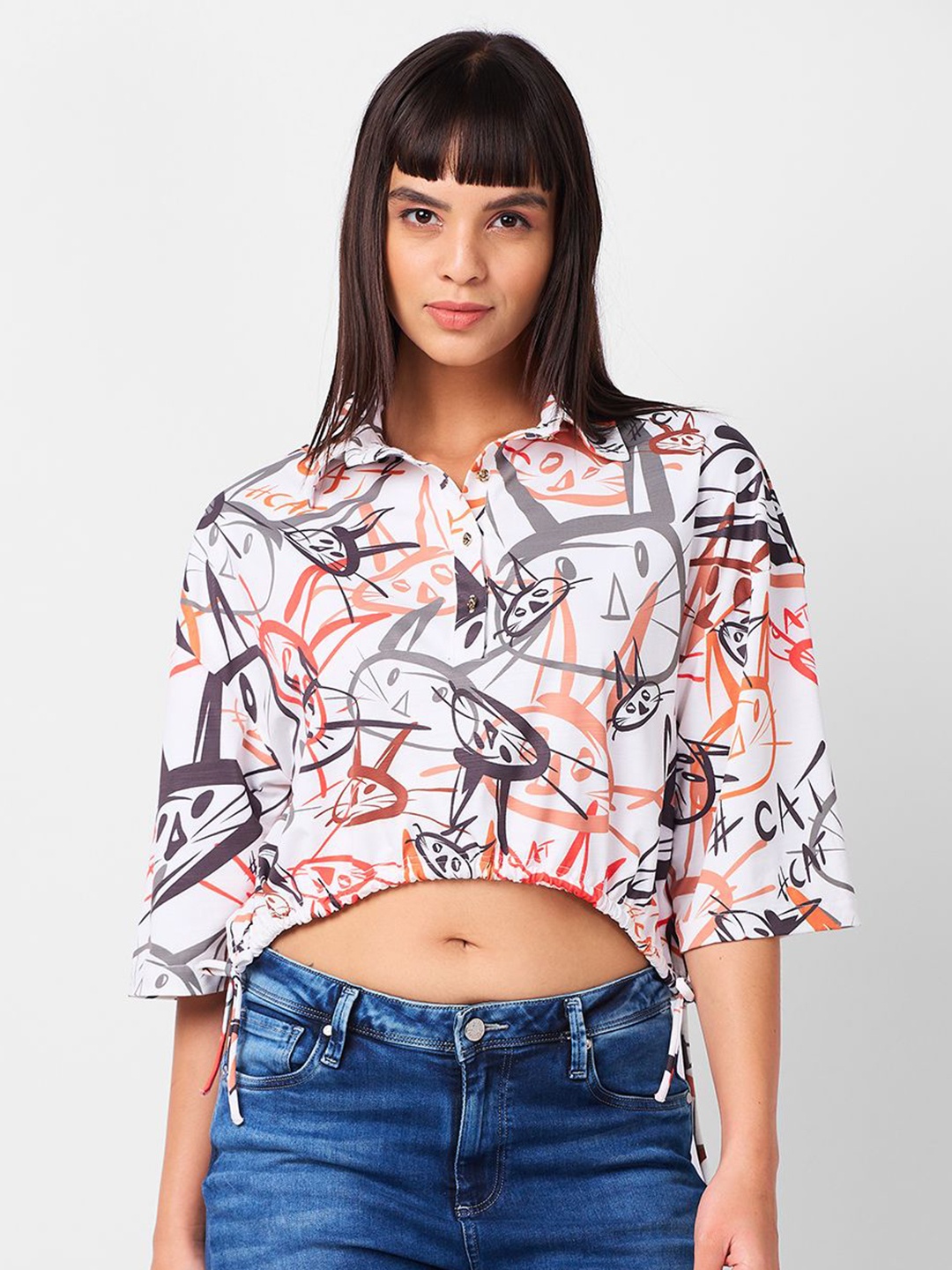 

IZEL Women Graphic Printed Shirt Style Top, White