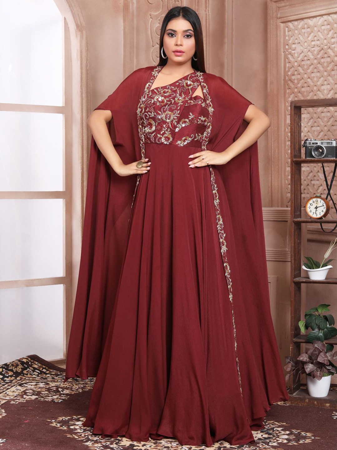 

EVASTRO Women Embroidered Maxi Ethnic Dress, Maroon