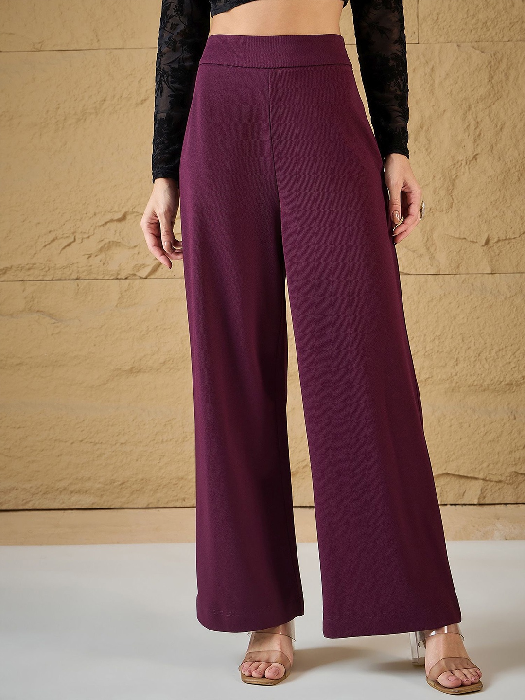 

MAGRE Women Relaxed Flared Mid-Rise Trousers, Burgundy