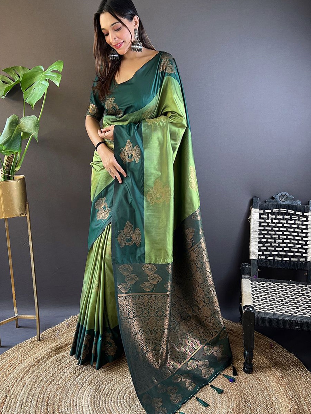 

Kalista Floral Zari Silk Blend Tussar Saree, Green