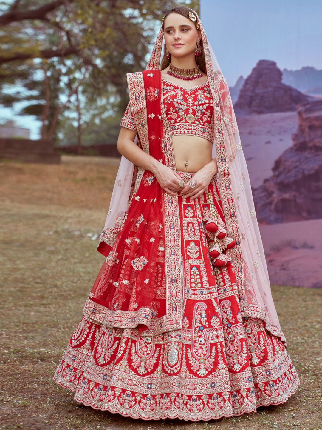 

panchhi Floral Embroidered Beads and Stones Silk Semi-Stitched Lehenga Choli, Red