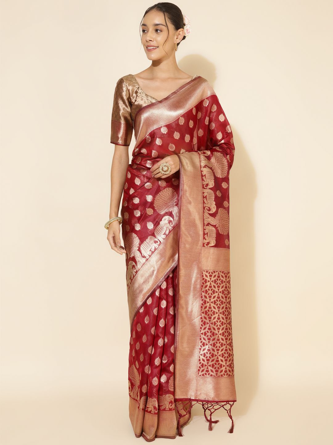 

KALINI Maroon Organza Ethnic Motifs Saree with Unstitched Blouse Piece