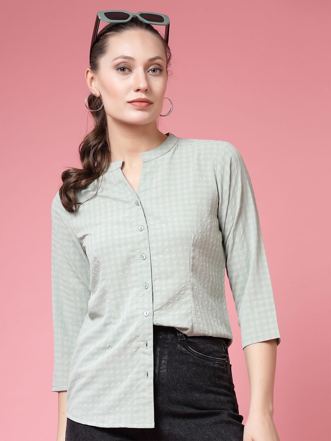 

BEING NAUGHTY Women Comfort Mandarin Collar Textured Casual Shirt, Sea green