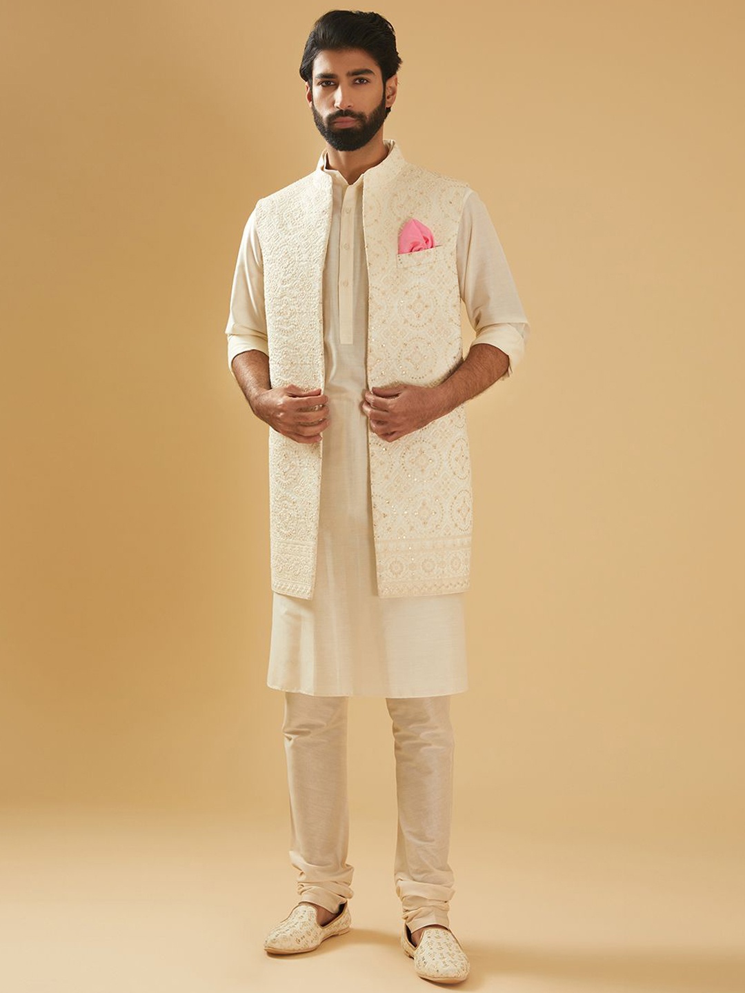 

RR Blue Embellished Longline Nehru Jacket, Off white