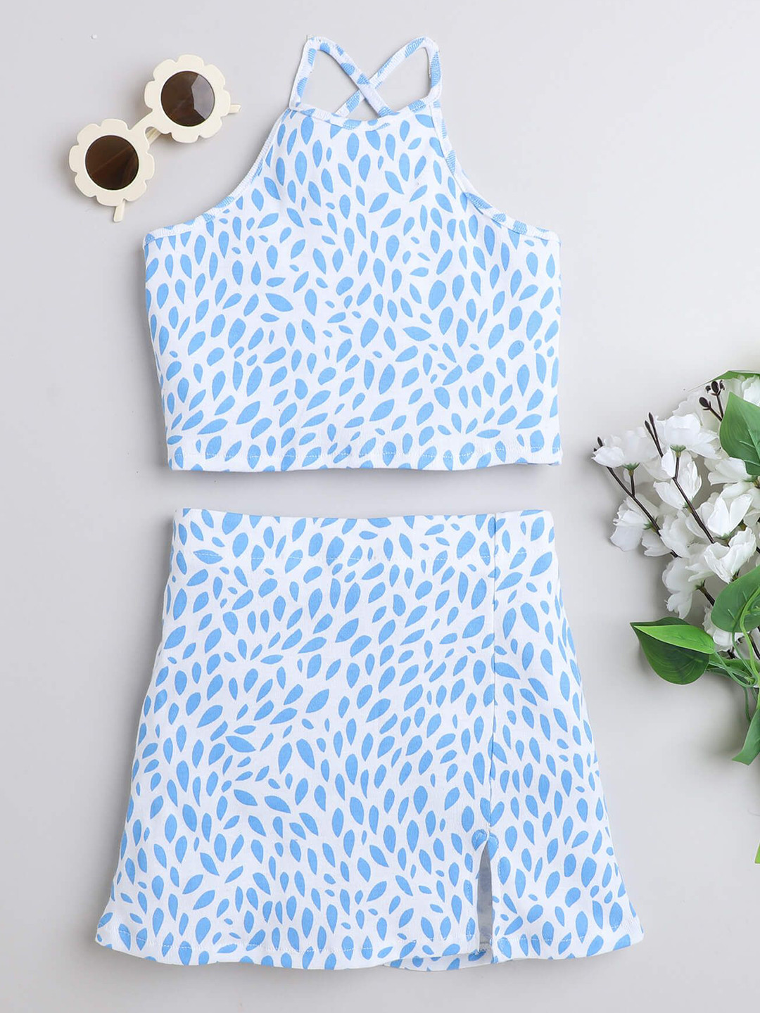 

taffykids Girls Printed Top with Skirt, Blue