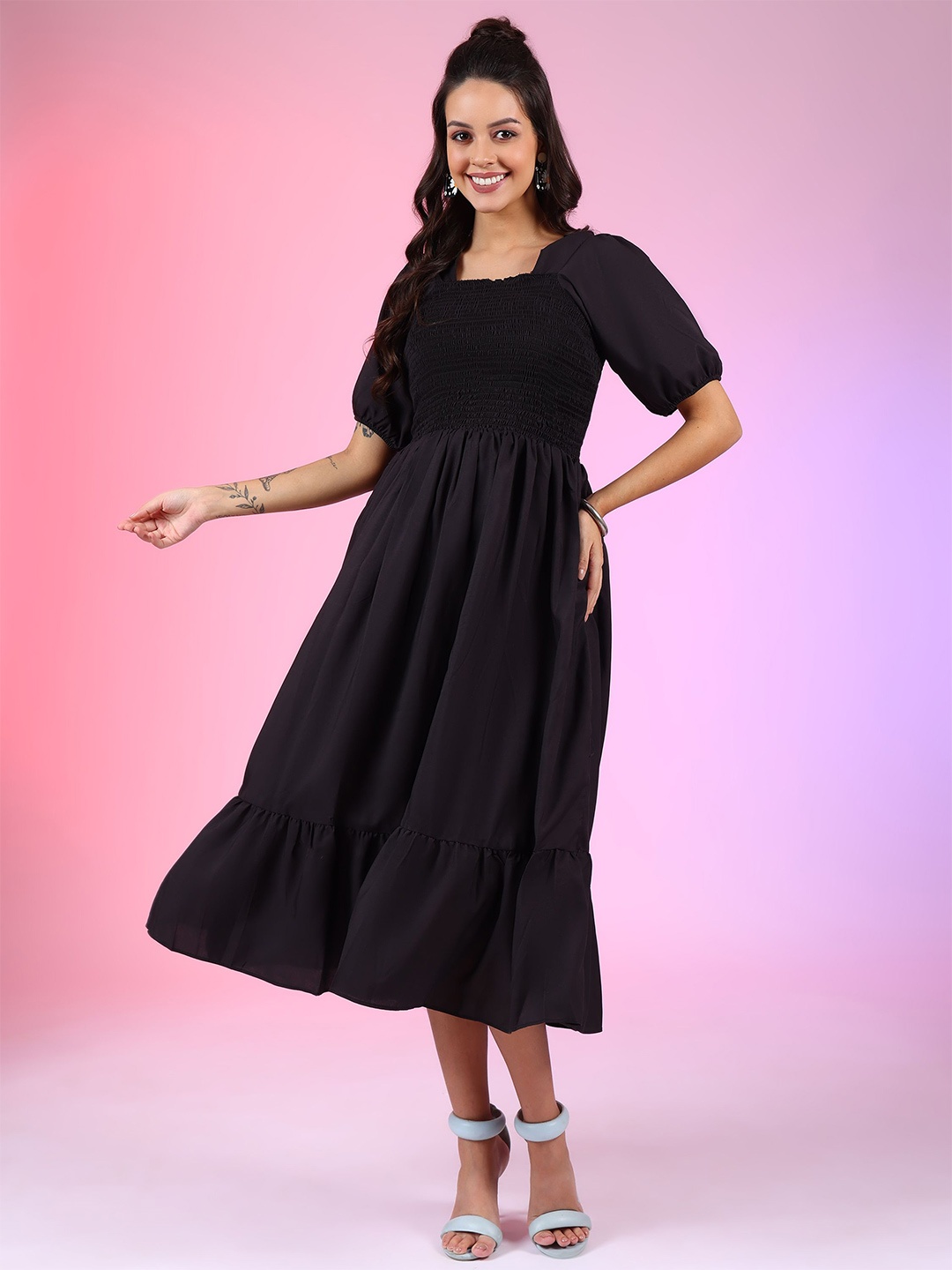 

Raiyani Enterprise Women Square Neck Puff Sleeves Fit & Flare Midi Dress, Black
