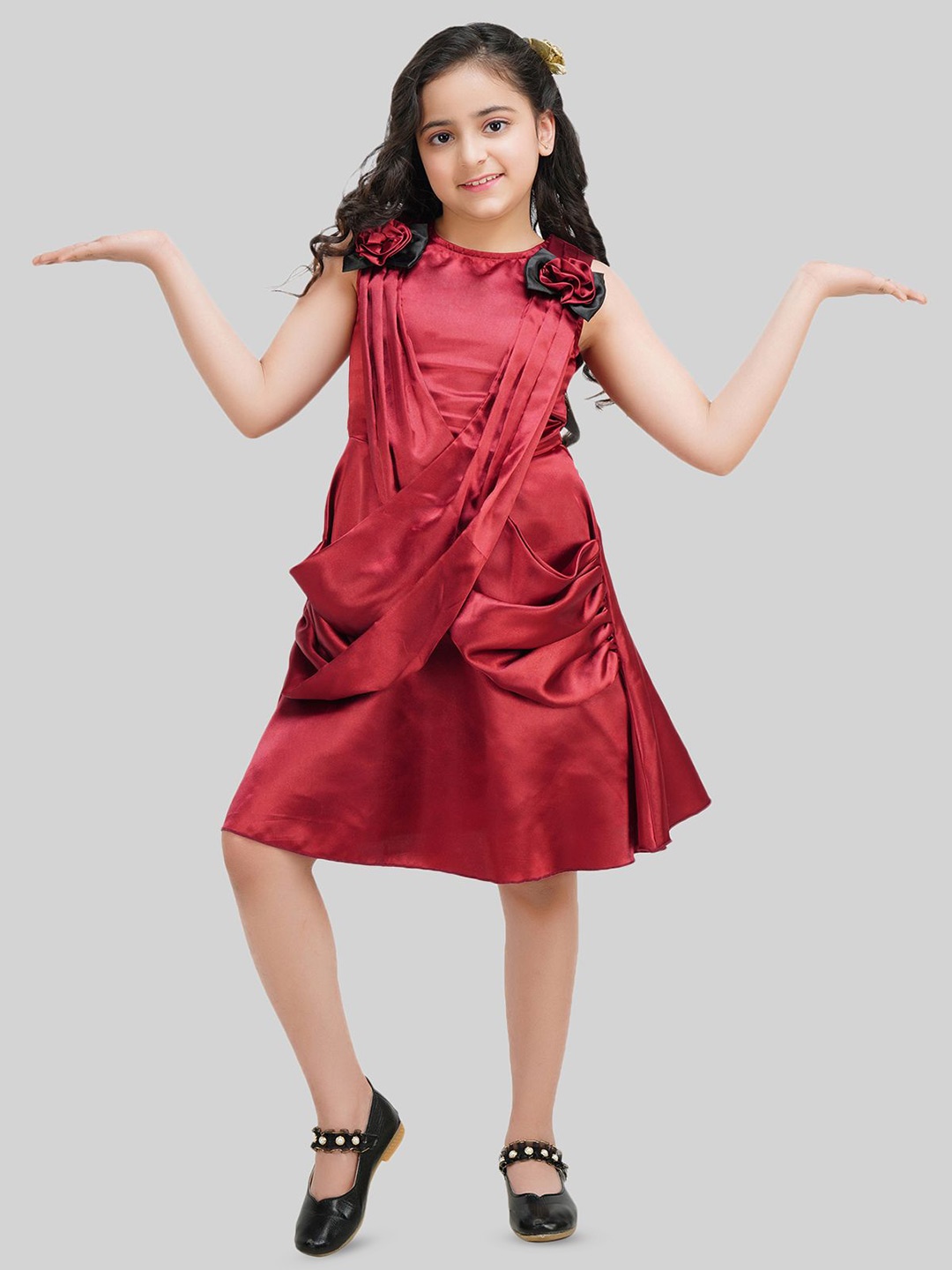 

BEING NAUGHTY Girls Satin A-Line Dress With Bow Detailed, Maroon