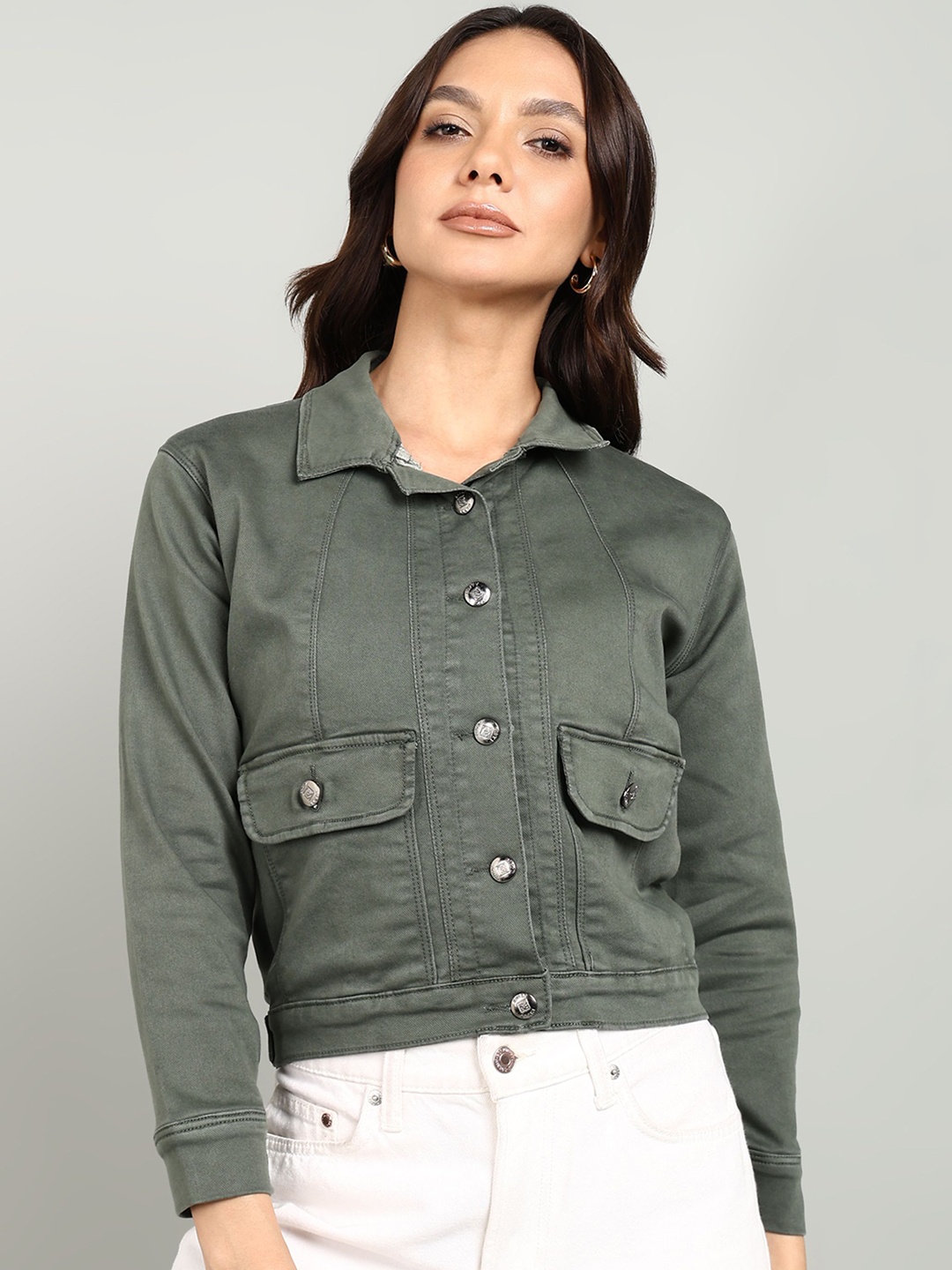 

Nifty Women Spread Collar Solid Cotton Casual Denim Jacket, Green