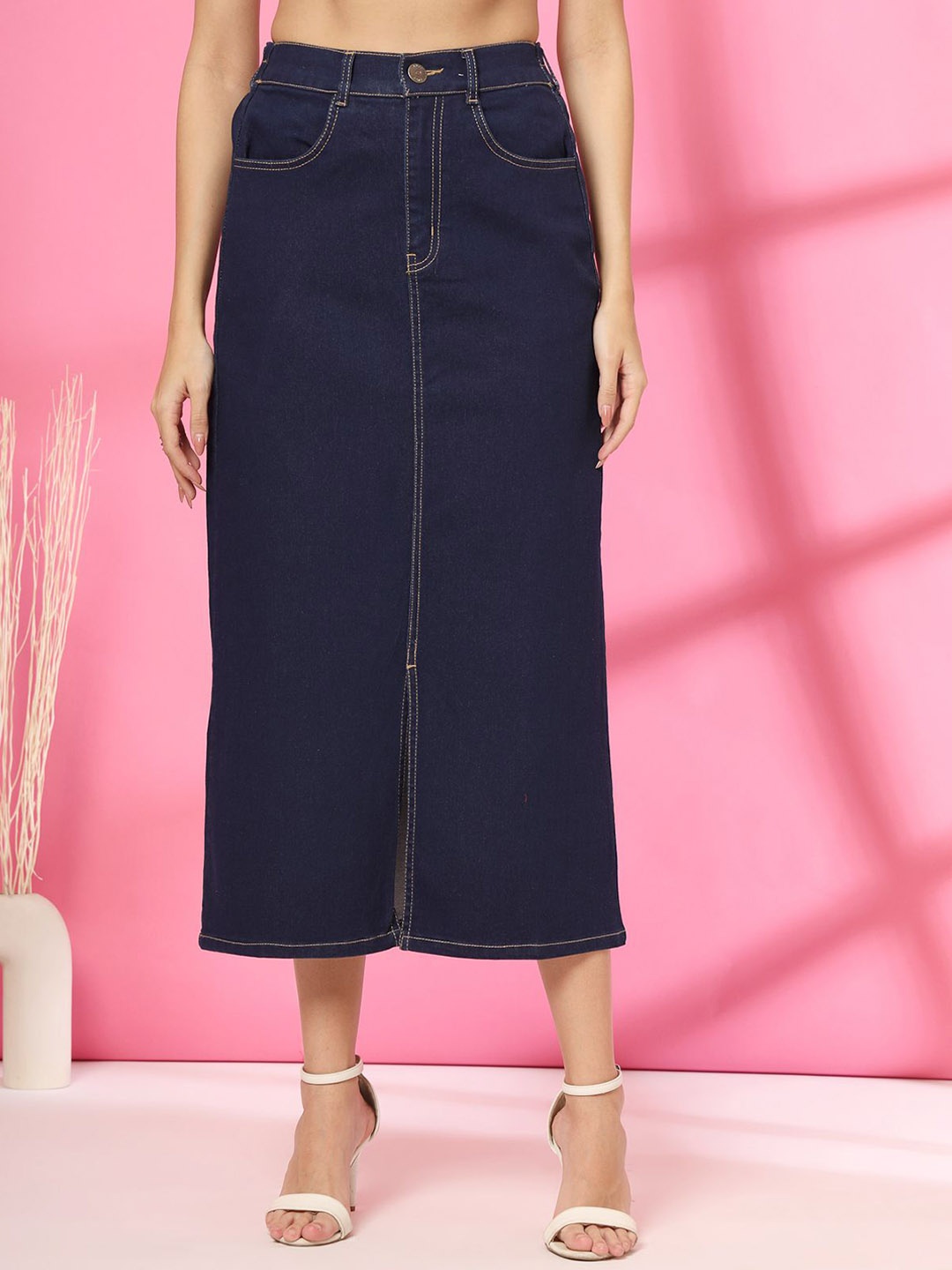 

plusS Women Denim Midi Skirt, Navy blue