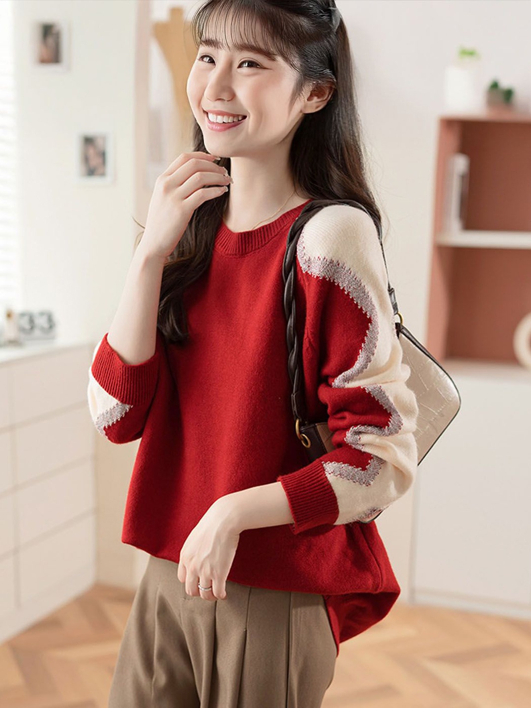 

StyleCast Women Colourblocked Woollen Crop Pullover, Red
