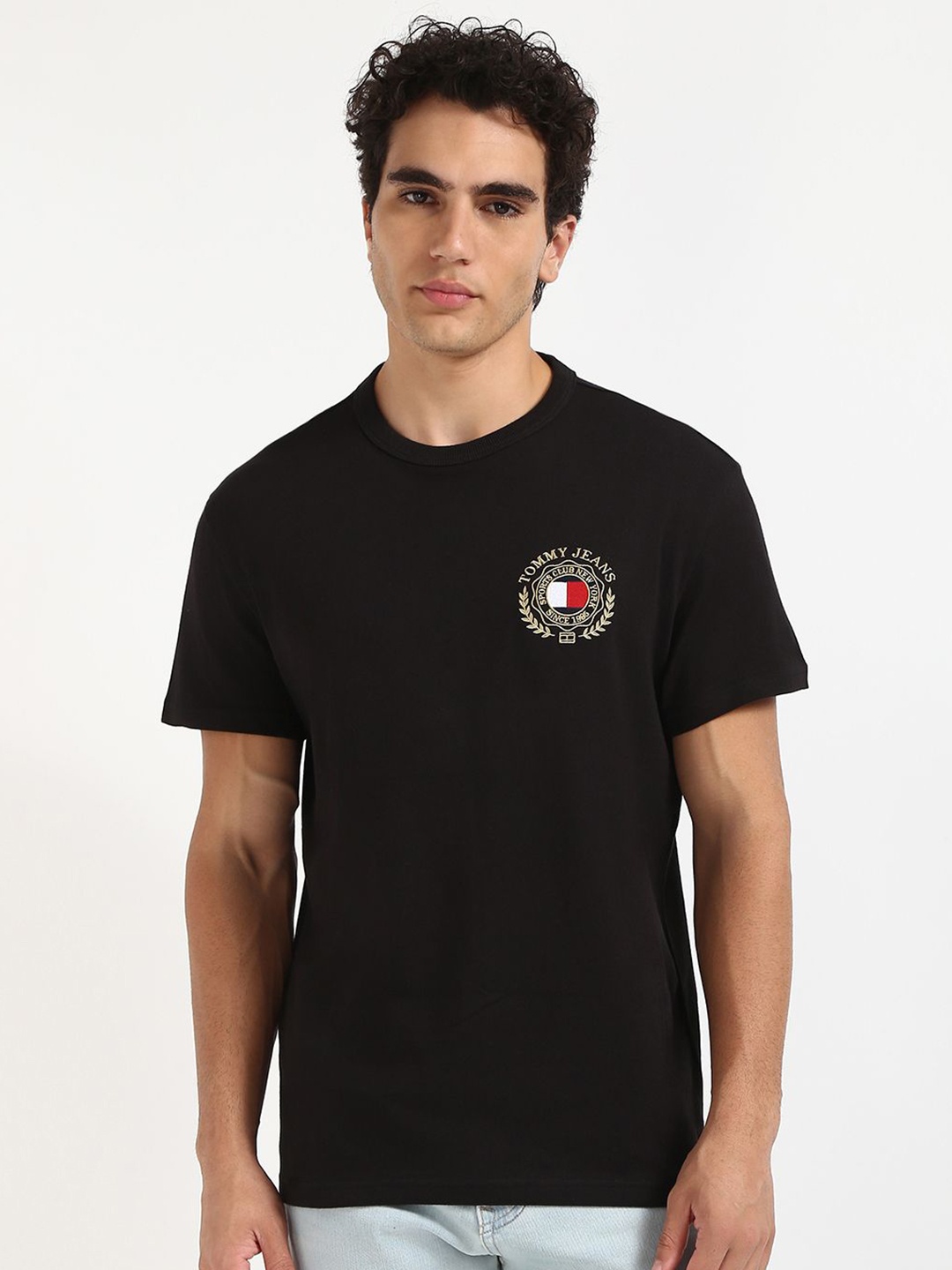 

Tommy Hilfiger Men Brand Logo Embroidered Polo Collar Pure Cotton T-shirt, Black