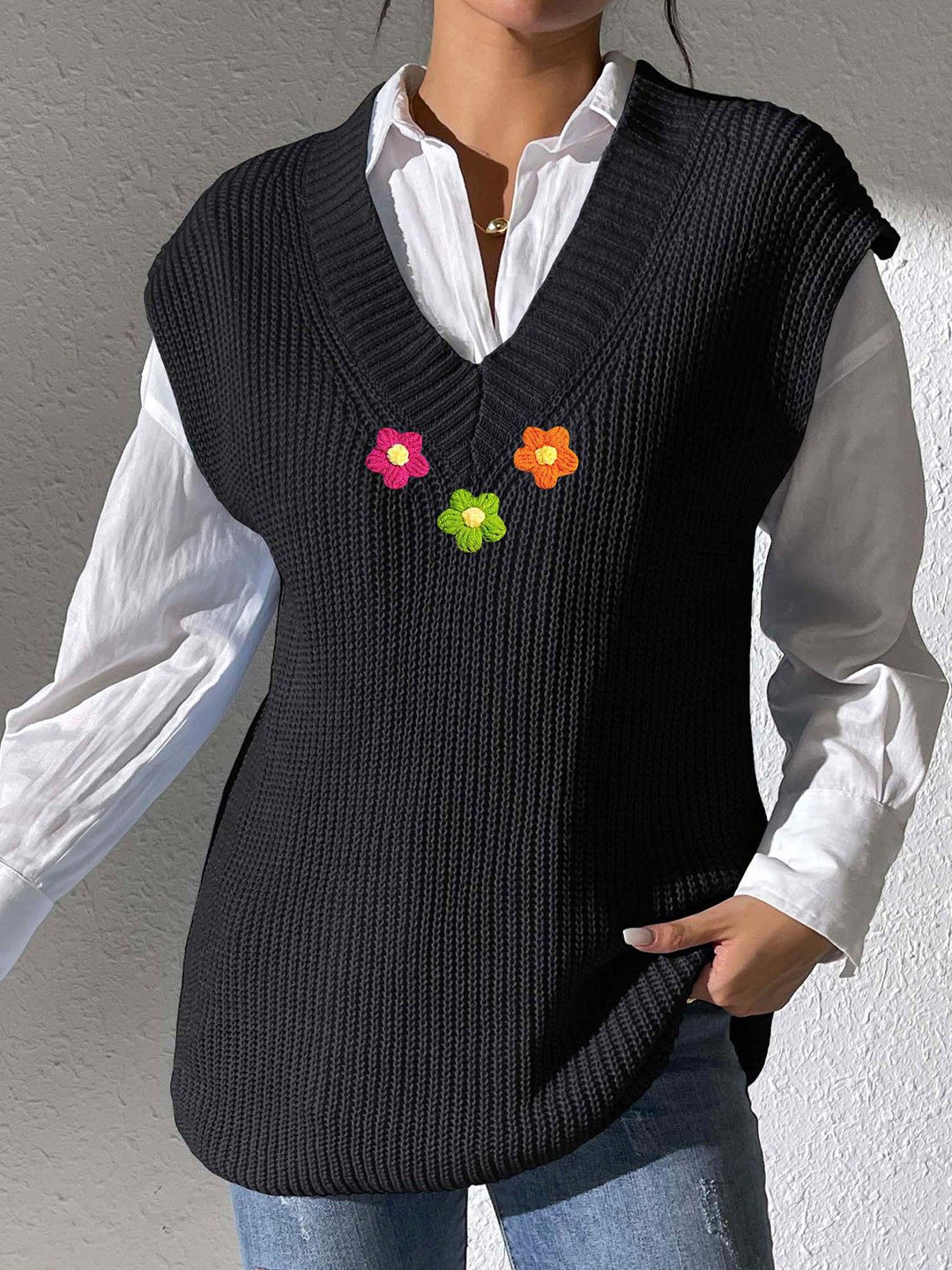 

StyleCast Women Embroidered Sweater Vest with Embroidered Detail, Black
